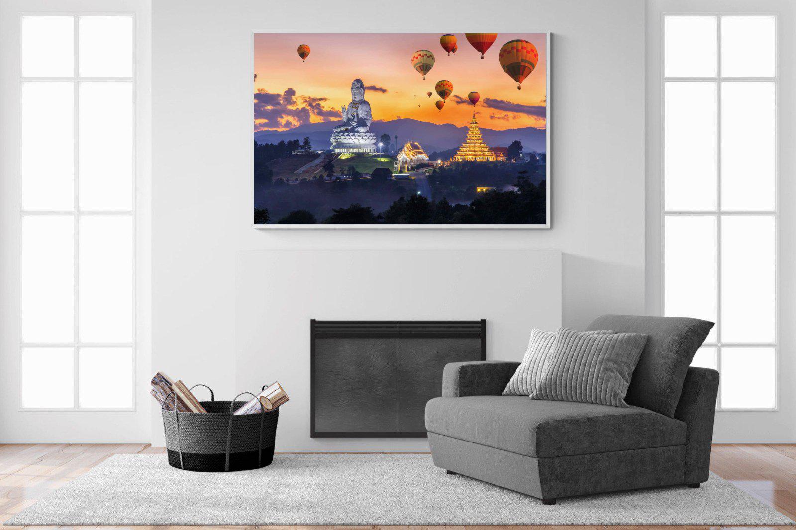 Buddha & Balloons-Wall_Art-150 x 100cm-Mounted Canvas-White-Pixalot