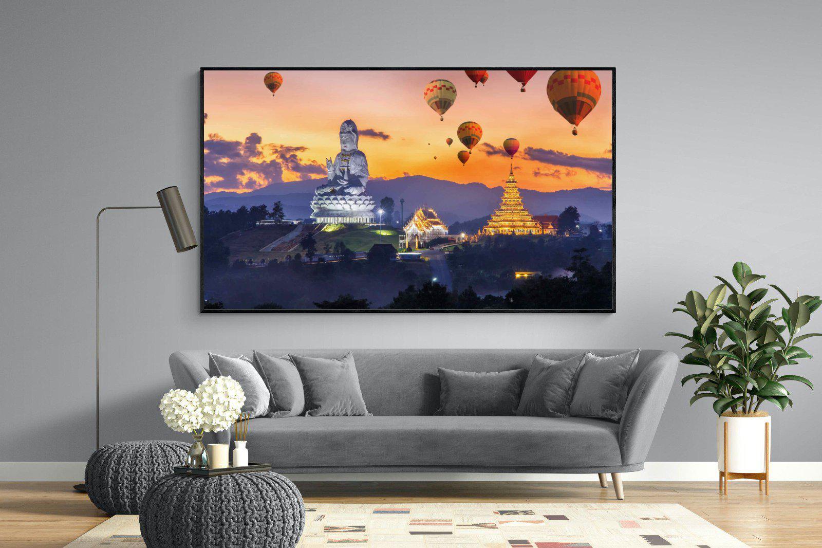 Buddha & Balloons-Wall_Art-220 x 130cm-Mounted Canvas-Black-Pixalot