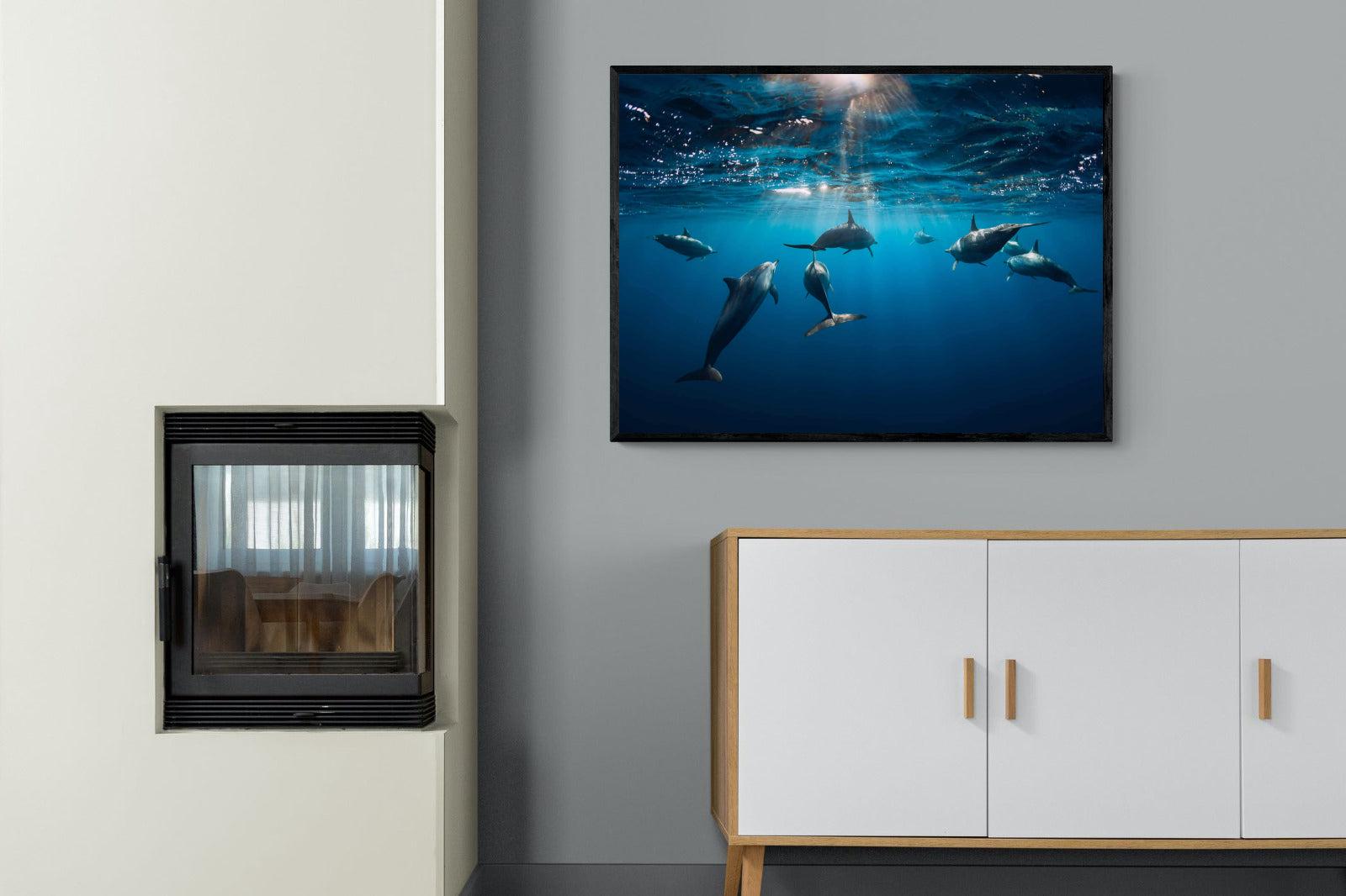 Dolphins-Wall_Art-100 x 75cm-Mounted Canvas-Black-Pixalot