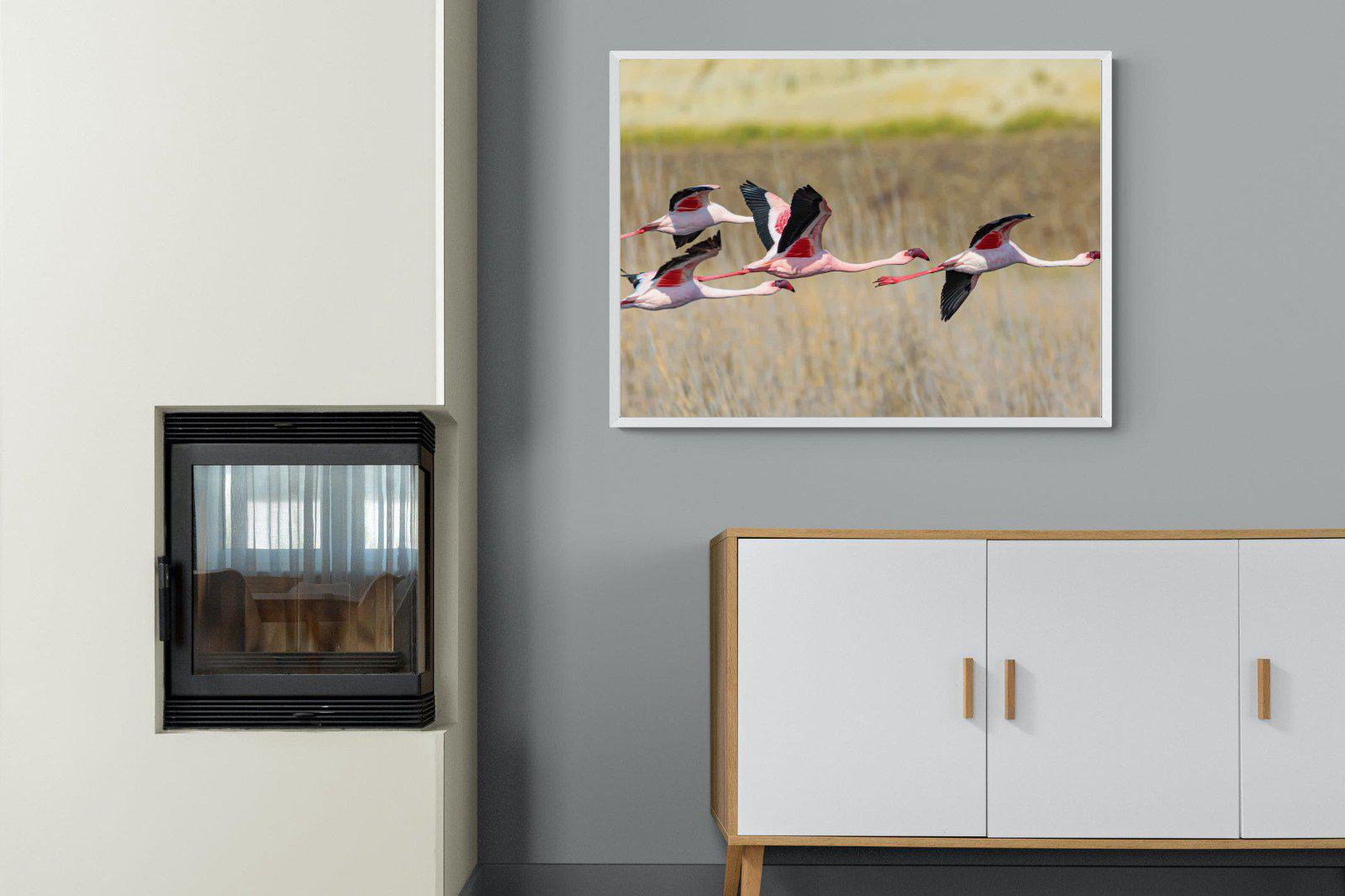 Flying Flamingos-Wall_Art-100 x 75cm-Mounted Canvas-White-Pixalot