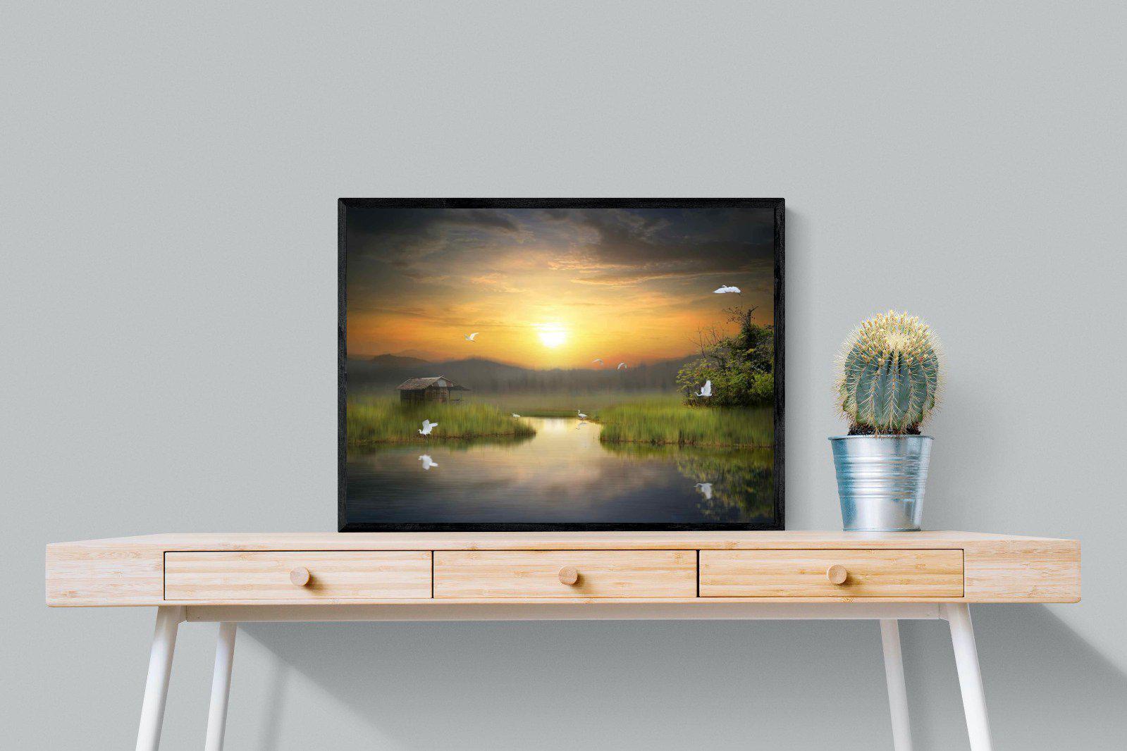 Heron Shed-Wall_Art-80 x 60cm-Mounted Canvas-Black-Pixalot