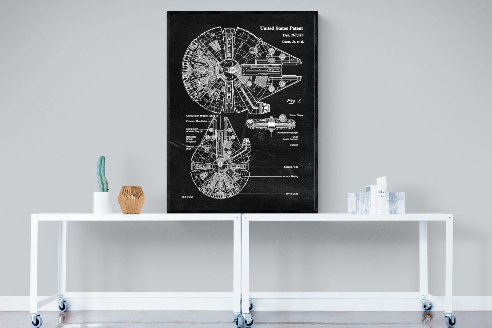 Millennium Falcon Blueprint-Wall_Art-90 x 120cm-Mounted Canvas-Black-Pixalot