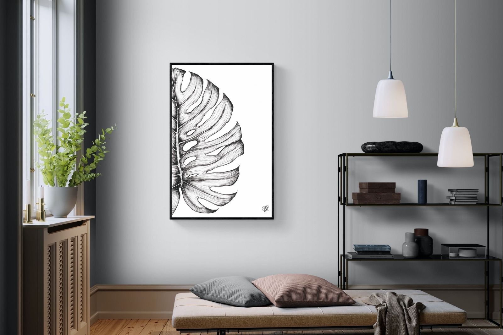 Monstera Illustration-Wall_Art-100 x 150cm-Mounted Canvas-Black-Pixalot