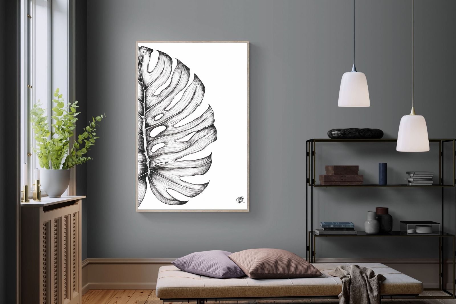 Monstera Illustration-Wall_Art-120 x 180cm-Mounted Canvas-Wood-Pixalot