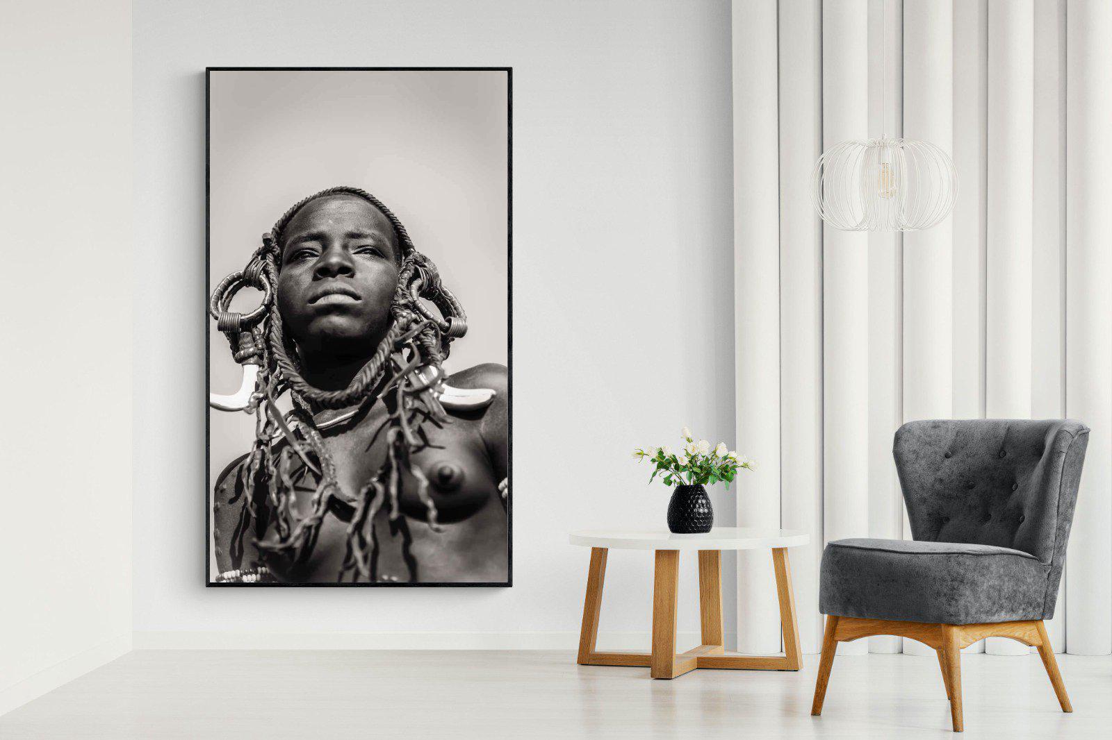 Mursi Woman-Wall_Art-130 x 220cm-Mounted Canvas-Black-Pixalot