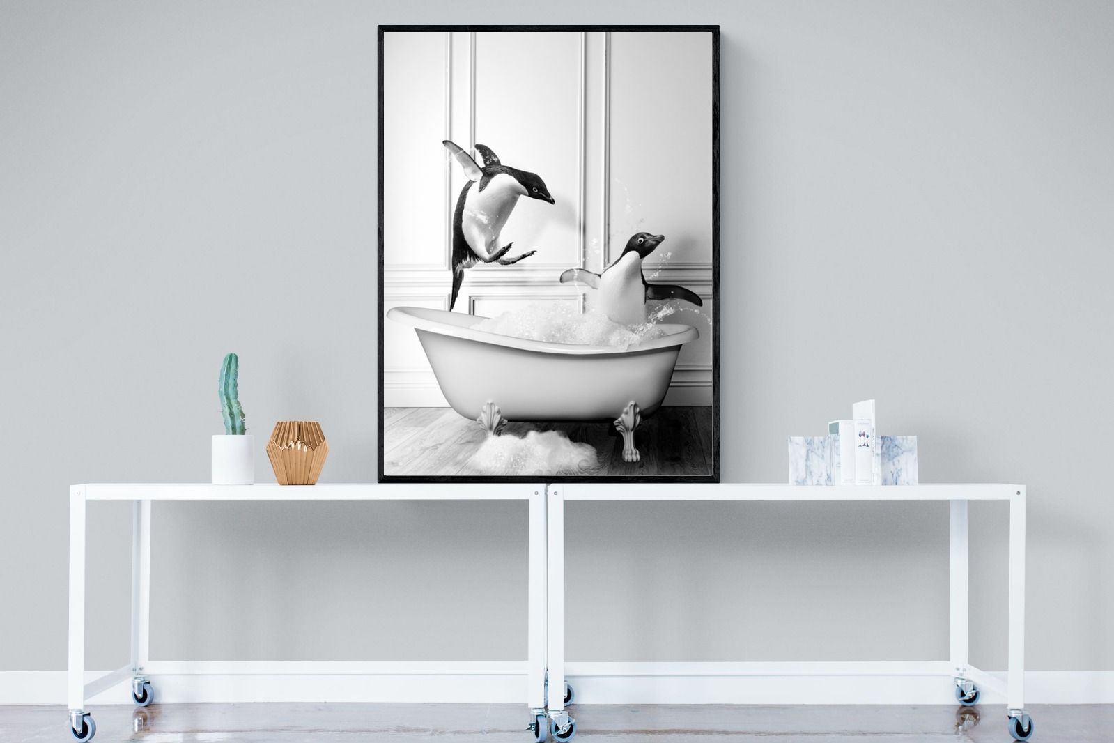 Penguin Tub-Wall_Art-90 x 120cm-Mounted Canvas-Black-Pixalot