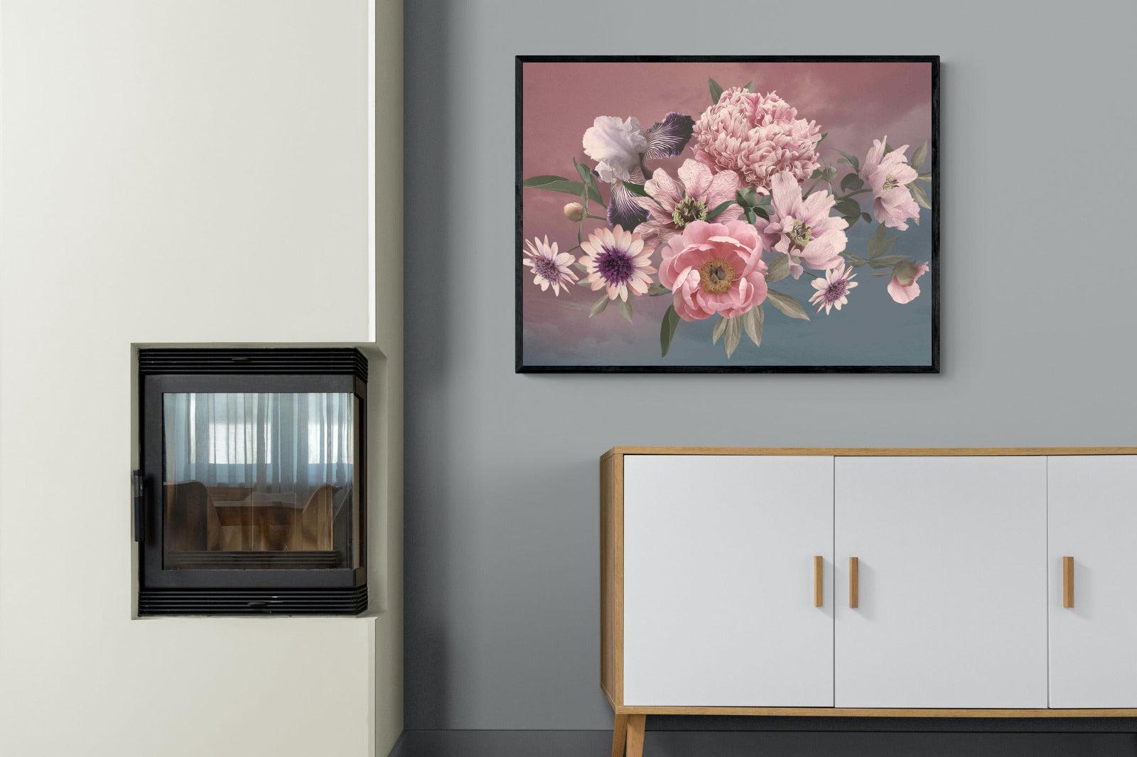 Peonies & Iris-Wall_Art-100 x 75cm-Mounted Canvas-Black-Pixalot