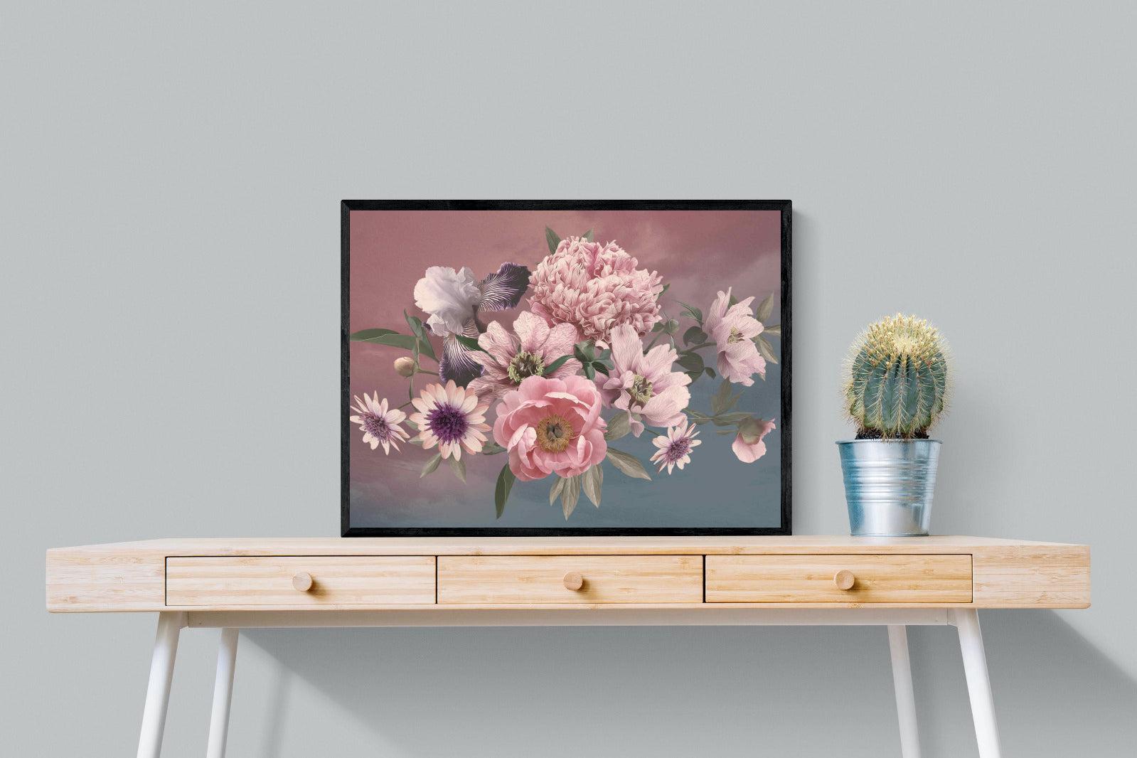 Peonies & Iris-Wall_Art-80 x 60cm-Mounted Canvas-Black-Pixalot