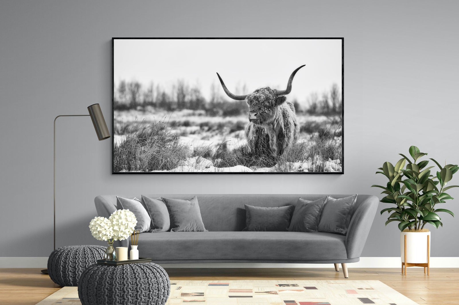 Scottish Highlander (black & white)-Wall_Art-220 x 130cm-Mounted Canvas-Black-Pixalot