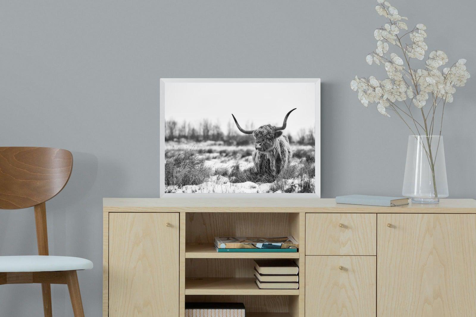 Scottish Highlander (black & white)-Wall_Art-60 x 45cm-Mounted Canvas-White-Pixalot