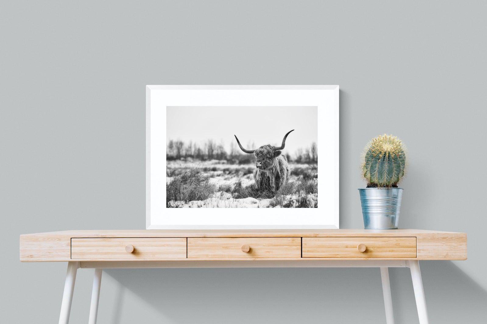 Scottish Highlander (black & white)-Wall_Art-80 x 60cm-Framed Print-White-Pixalot