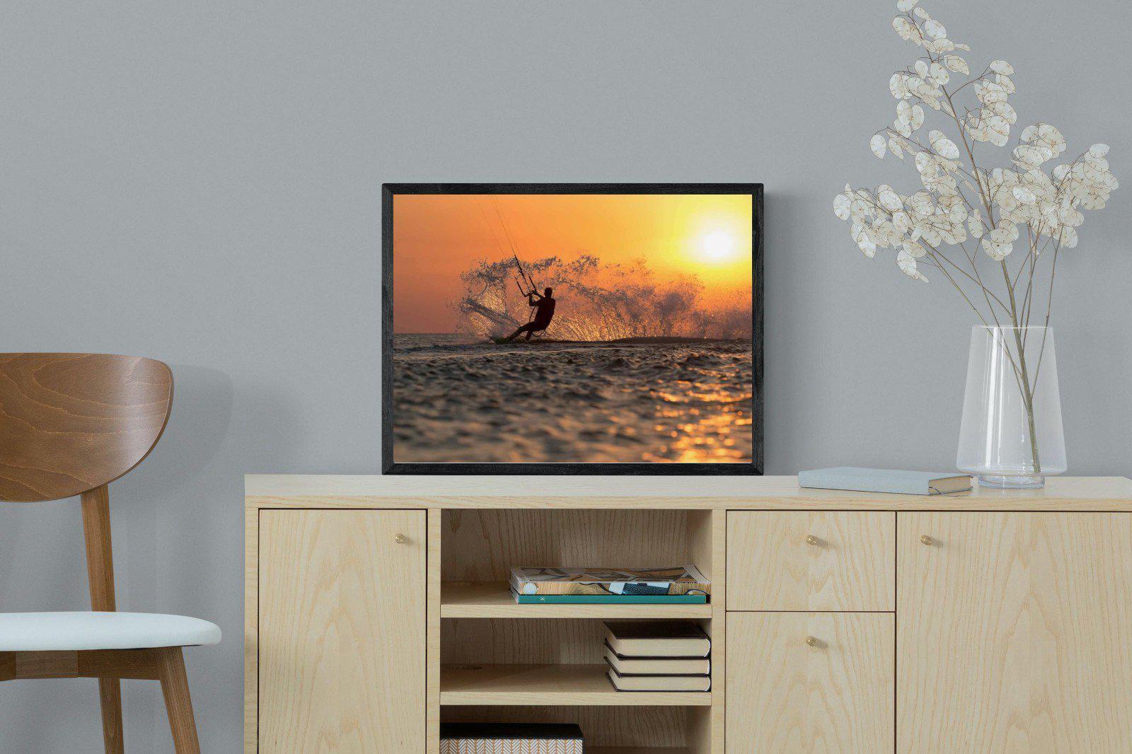 Sunset Kitesurf-Wall_Art-60 x 45cm-Mounted Canvas-Black-Pixalot