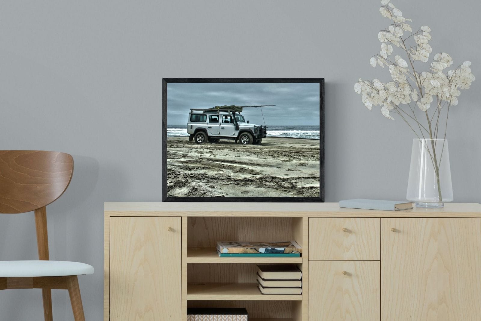 Defender at the Beach-Wall_Art-60 x 45cm-Mounted Canvas-Black-Pixalot