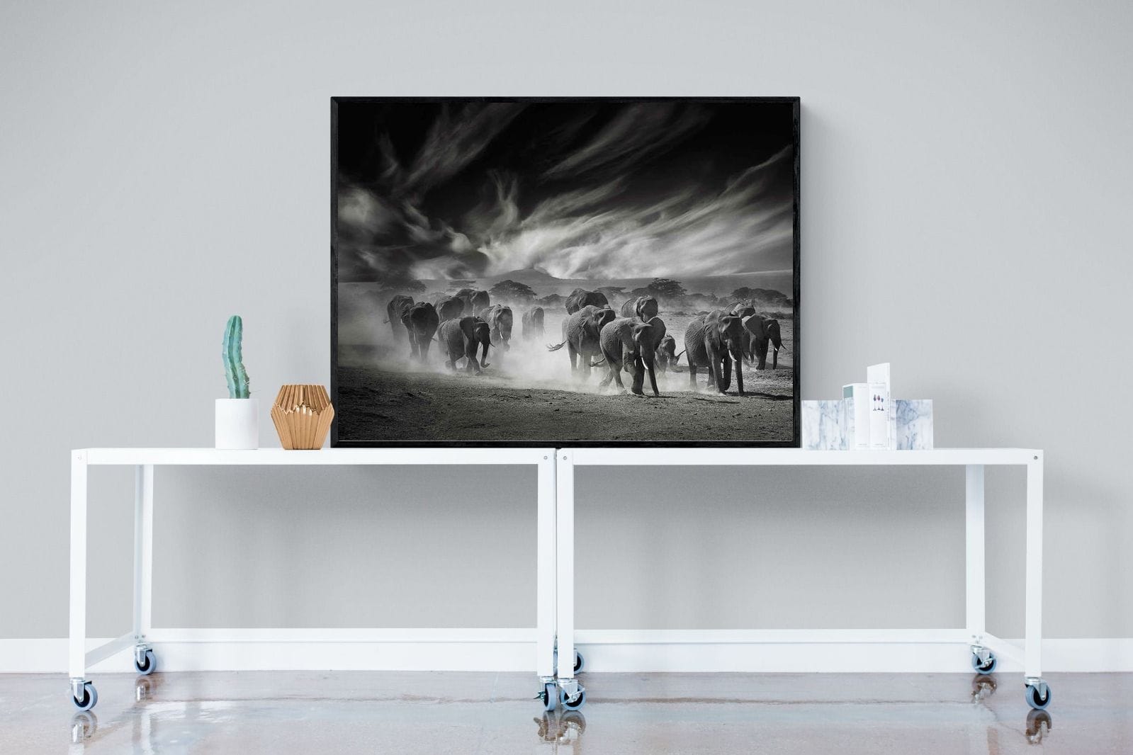 Etosha Elephants-Wall_Art-120 x 90cm-Mounted Canvas-Black-Pixalot