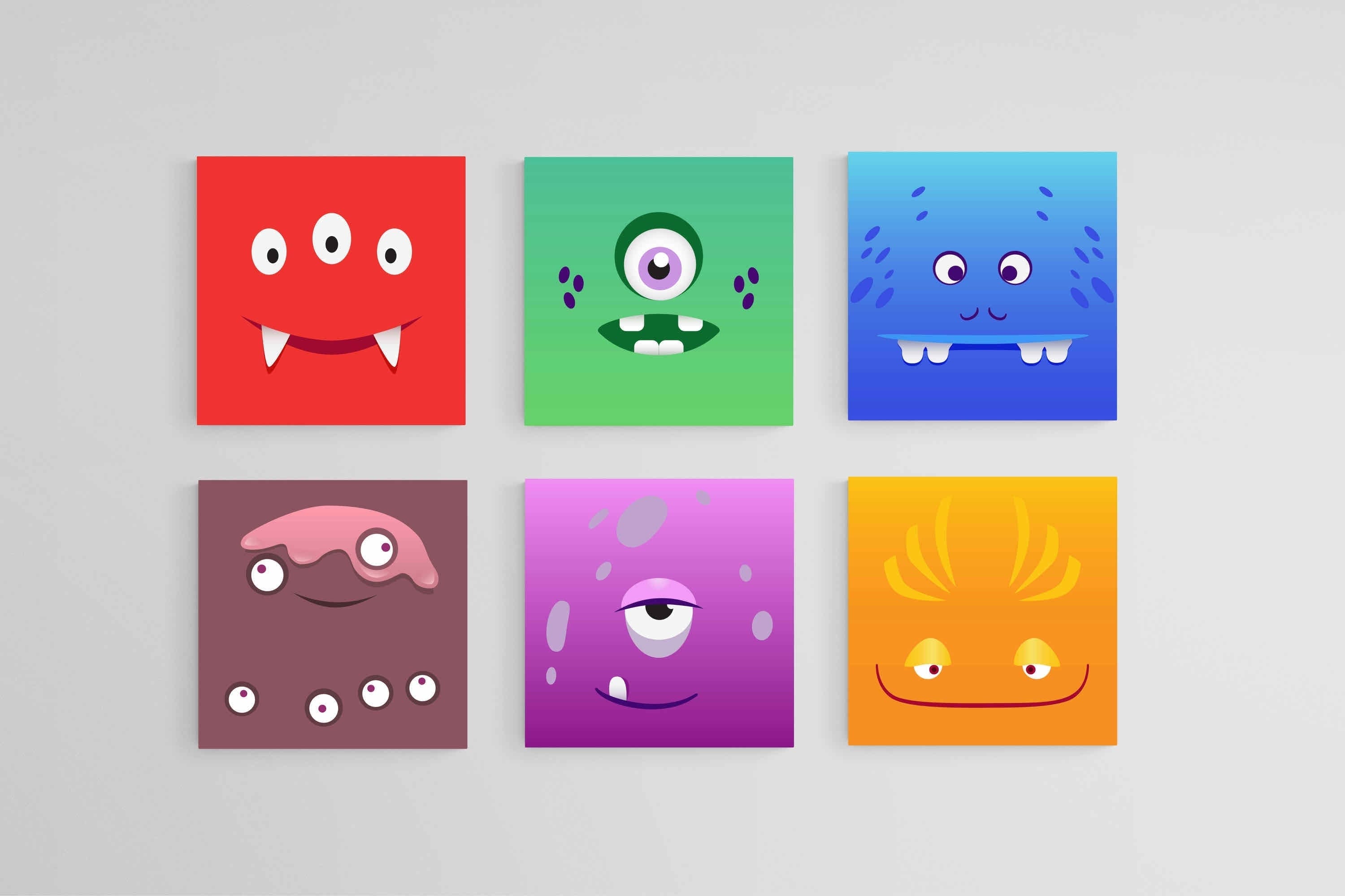 Friendly Monsters Set-Wall_Art-30 x 30cm (x6)-Mounted Canvas-No Frame-Pixalot