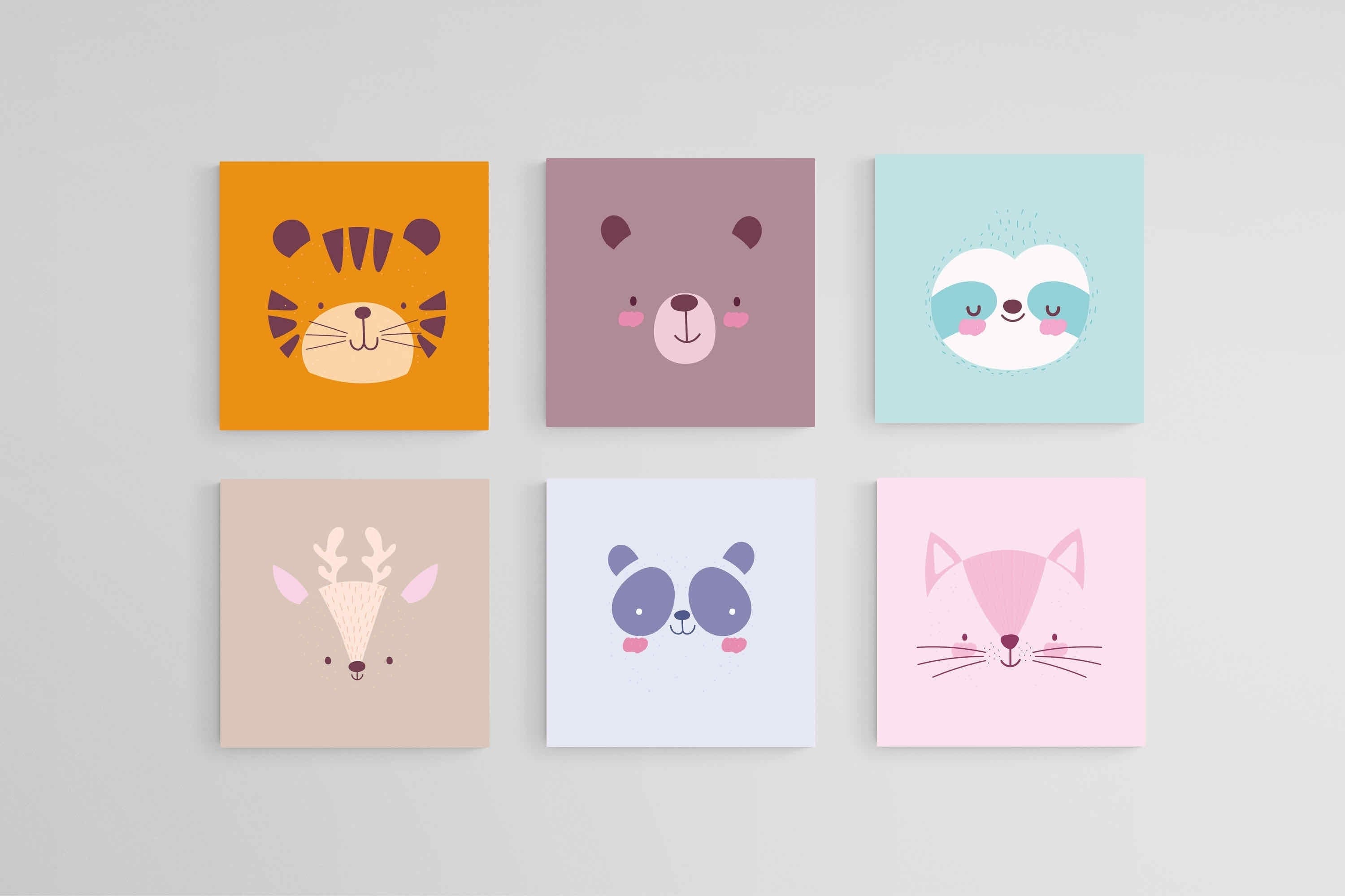 Furry Friends Set-Wall_Art-30 x 30cm (x6)-Mounted Canvas-No Frame-Pixalot