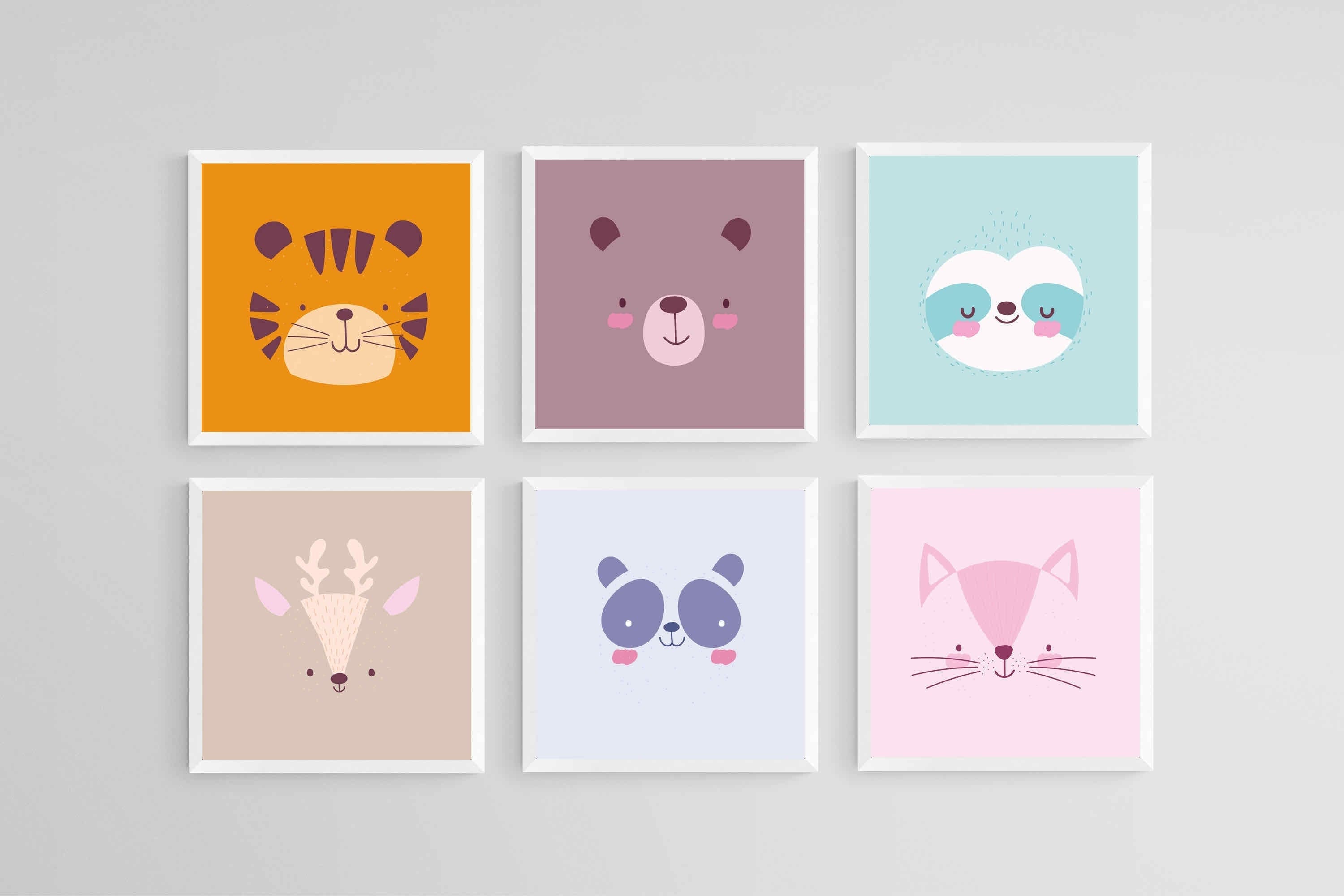 Furry Friends Set-Wall_Art-30 x 30cm (x6)-Mounted Canvas-White-Pixalot