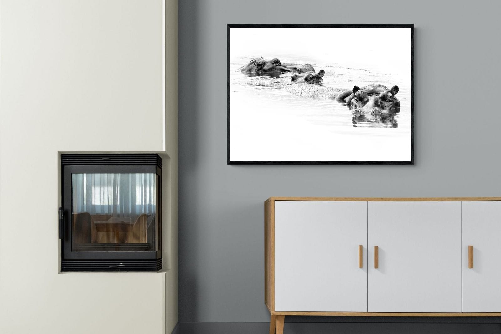 Hippo Trio-Wall_Art-100 x 75cm-Mounted Canvas-Black-Pixalot