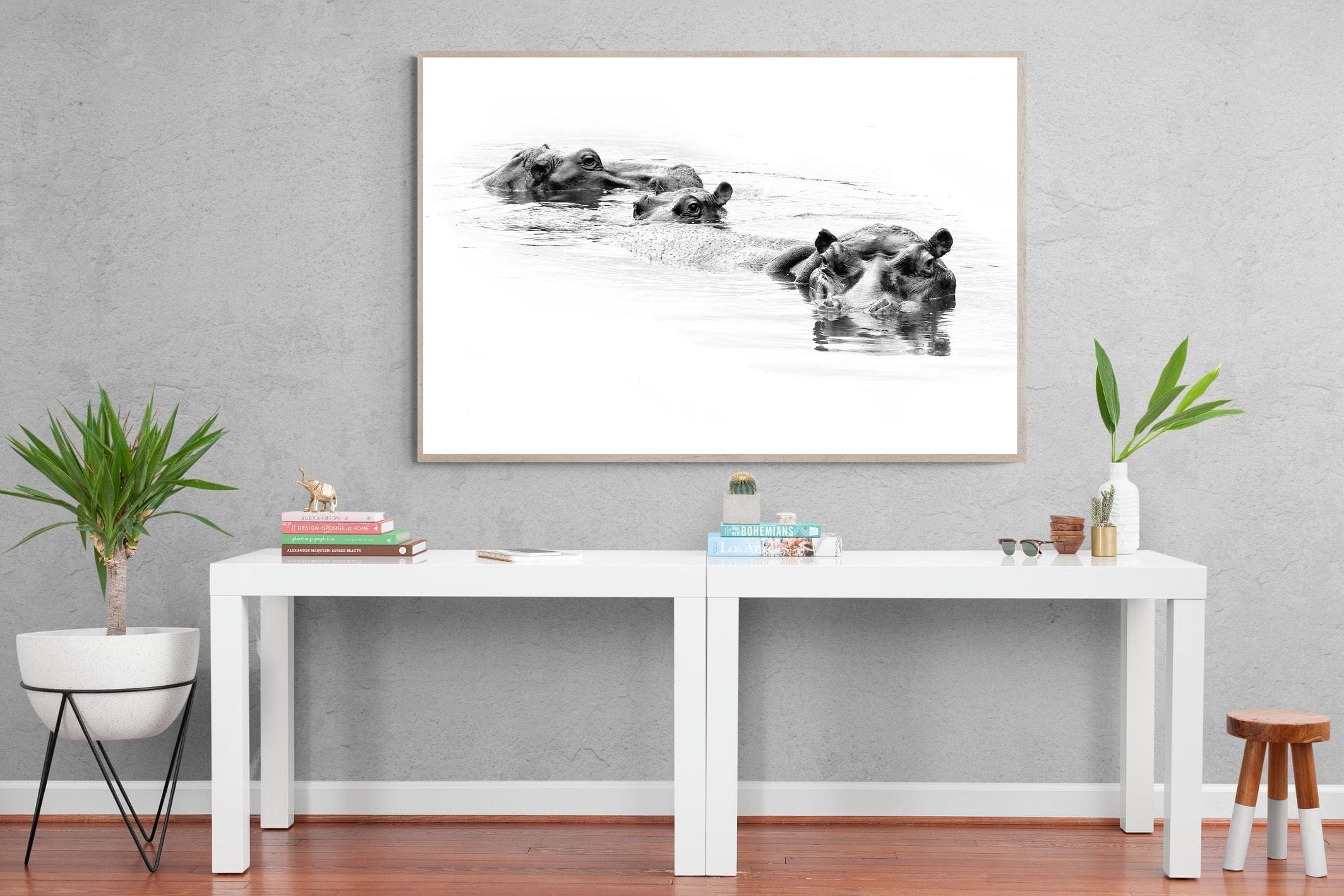 Hippo Trio-Wall_Art-150 x 100cm-Mounted Canvas-Wood-Pixalot