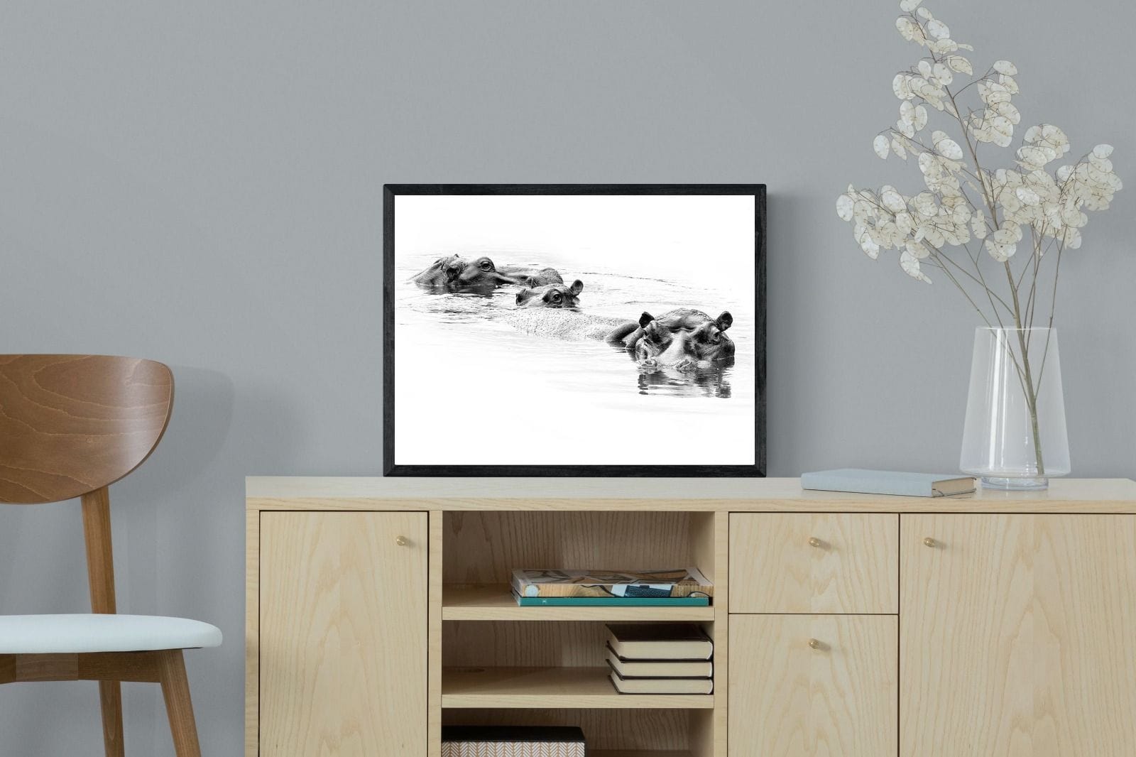 Hippo Trio-Wall_Art-60 x 45cm-Mounted Canvas-Black-Pixalot