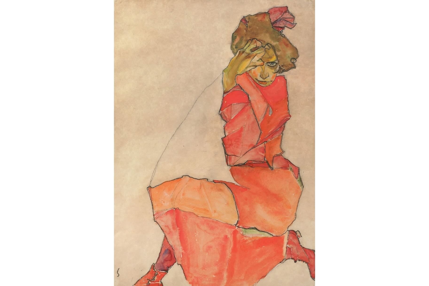 Kneeling Female in Orange-Red Dress-Wall_Art-Pixalot