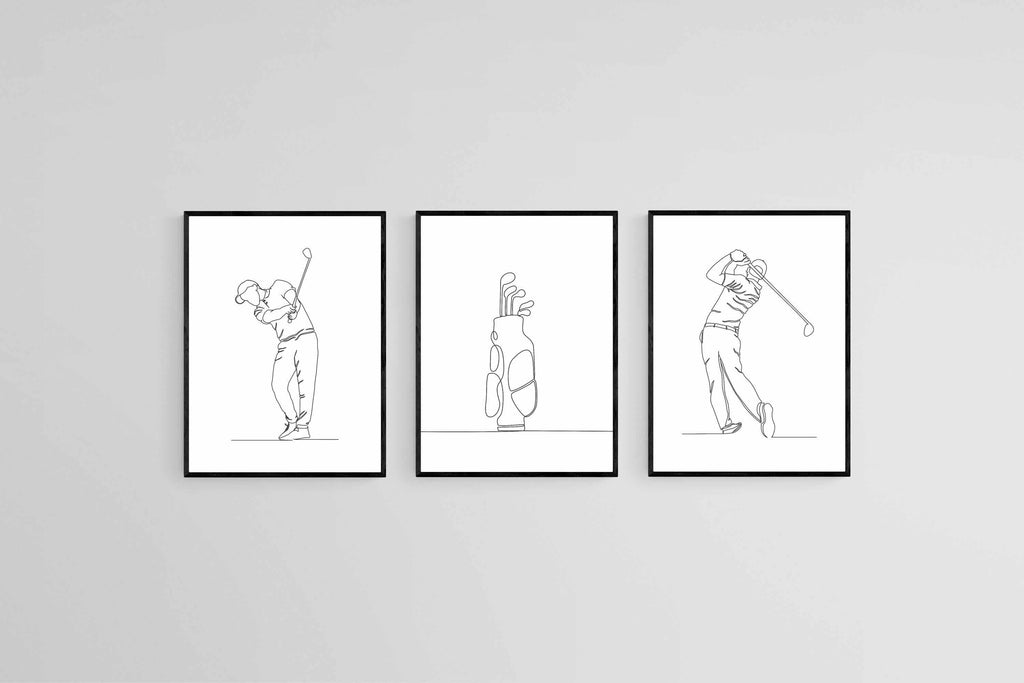 Line Drawn Golfer Set-Wall_Art-45 x 60cm (x3)-Mounted Canvas-Black-Pixalot