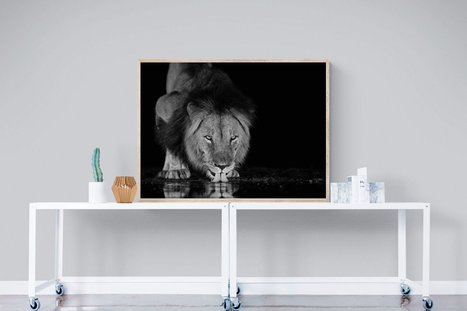 Lion Lake-Wall_Art-120 x 90cm-Mounted Canvas-Wood-Pixalot