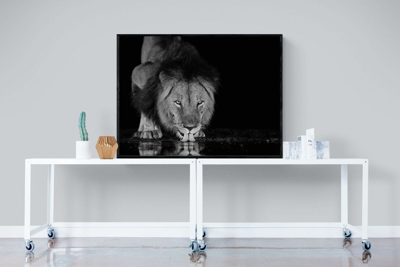 Lion Lake-Wall_Art-120 x 90cm-Mounted Canvas-Black-Pixalot