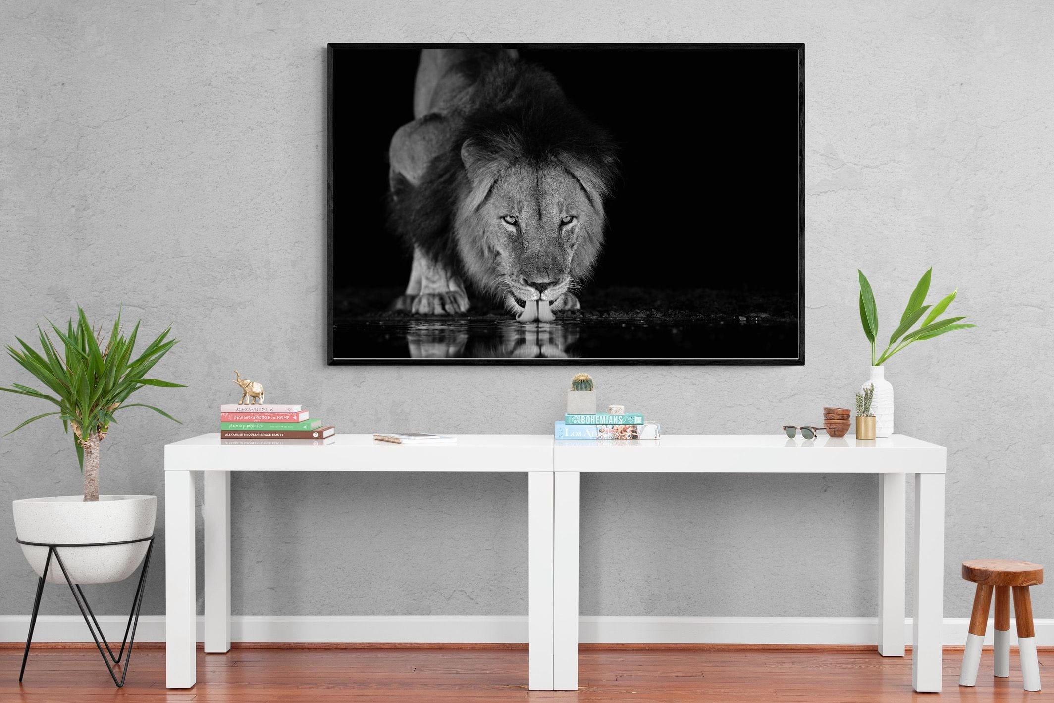 Lion Lake-Wall_Art-150 x 100cm-Mounted Canvas-Black-Pixalot