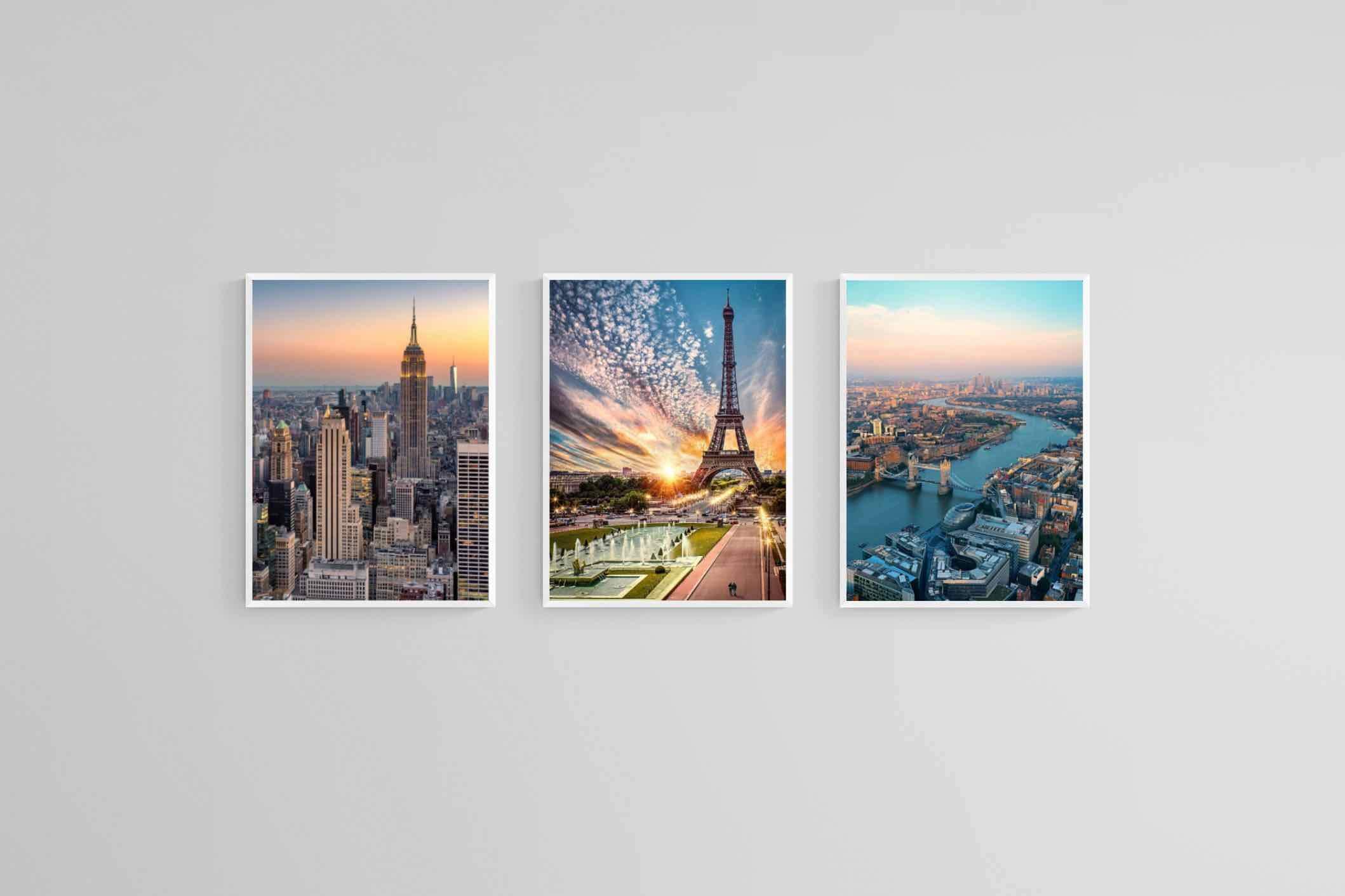 London, New York, Paris Set-Wall_Art-45 x 60cm (x3)-Mounted Canvas-White-Pixalot