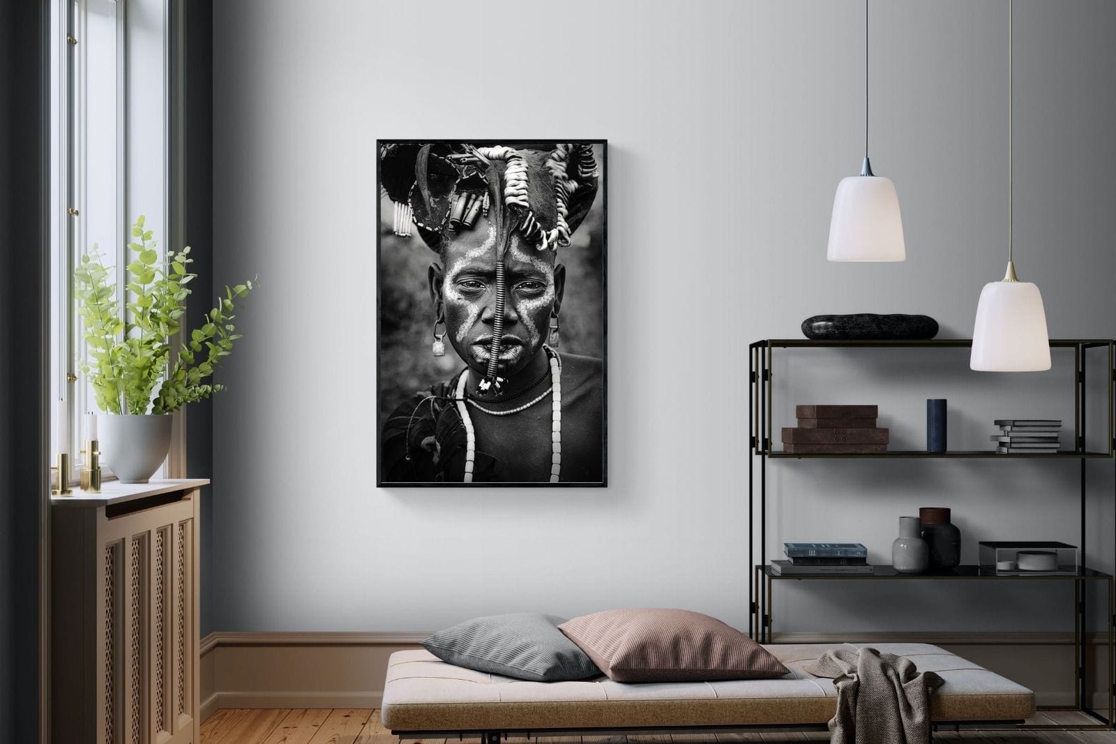 Mursi Tribesman-Wall_Art-100 x 150cm-Mounted Canvas-Black-Pixalot