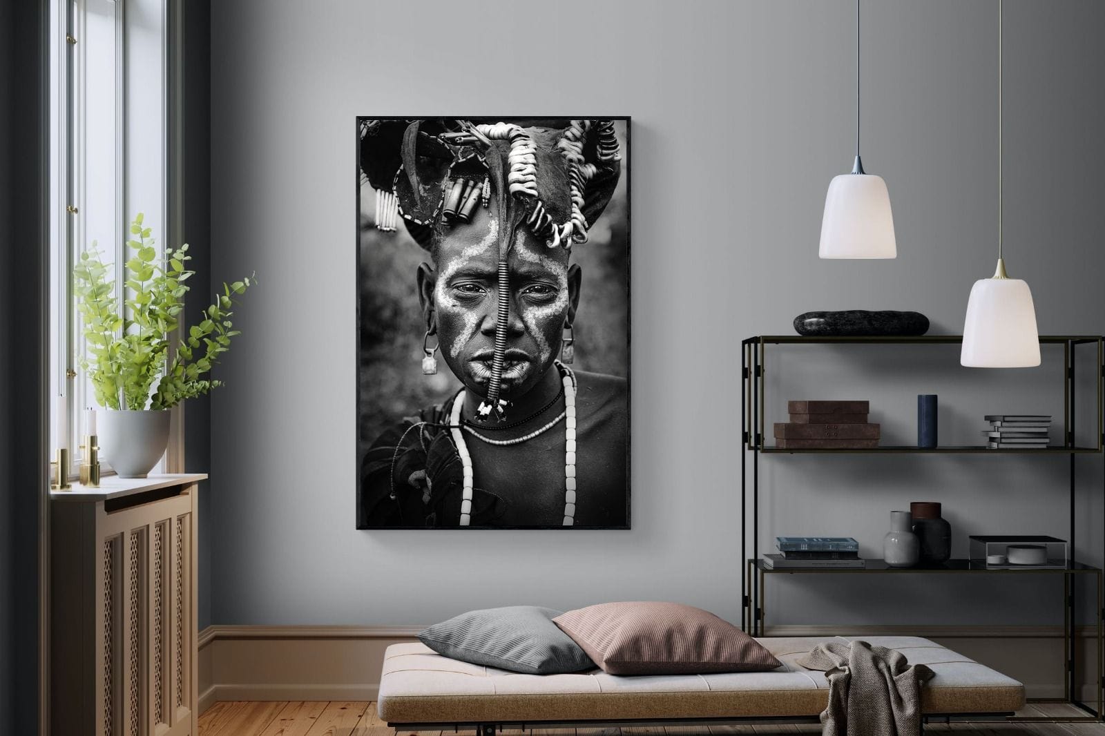 Mursi Tribesman-Wall_Art-120 x 180cm-Mounted Canvas-Black-Pixalot