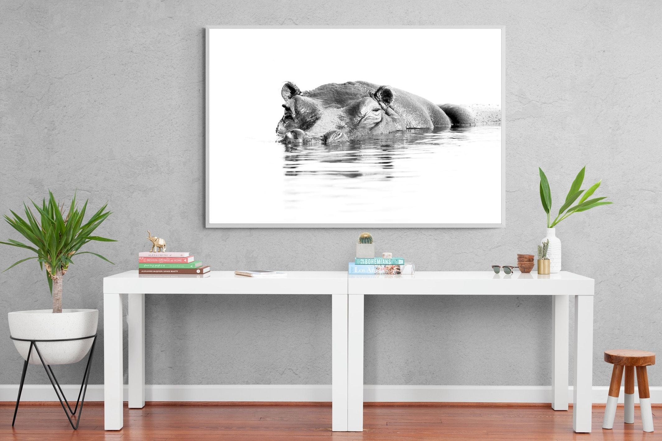 River Hippo-Wall_Art-150 x 100cm-Mounted Canvas-White-Pixalot