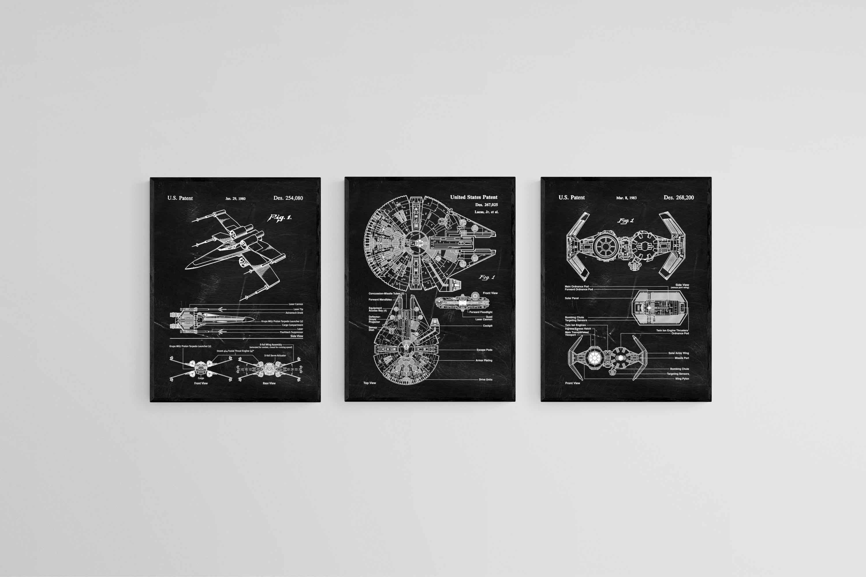 Star Wars Blueprints Set-Wall_Art-45 x 60cm (x3)-Mounted Canvas-Black-Pixalot