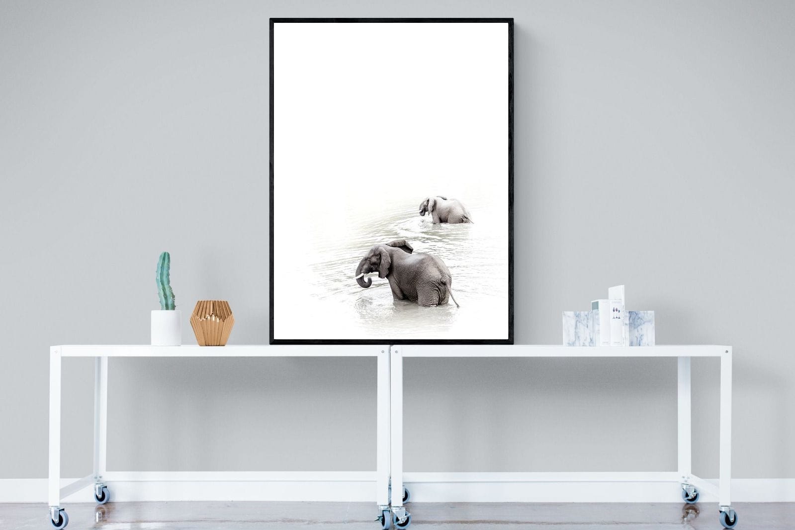 Swimming Elephants-Wall_Art-90 x 120cm-Mounted Canvas-Black-Pixalot